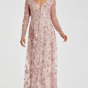 Mac Duggal 70224 Pink Floral Applique Long Sleeve Illusion Gown NWT